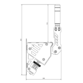 Technical side dimension drawing of the TAU Handbrake V2 load cell sim racing handbrake showing mounting measurements for aluminium profile cockpits.
