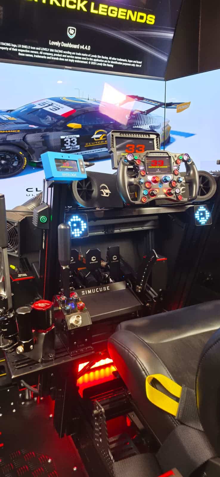 Close view of Clutch Kick simulator controls and integrated hardware