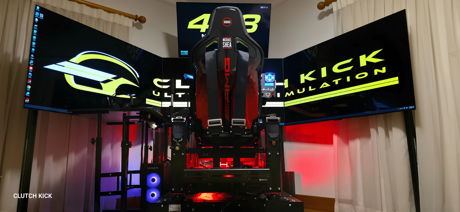 A real red Clutch Kick full-motion racing simulator installed in an Australian home